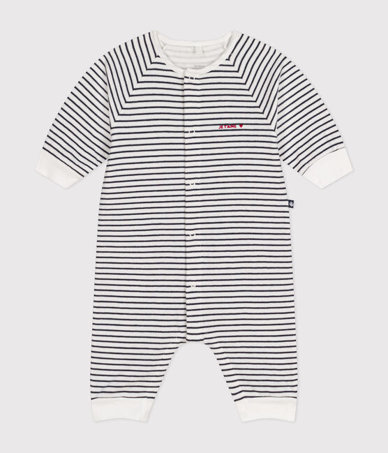 Gestreifter-Baby-Overall aus Doppeljersey weiss MARSHMALLOW/blau SMOKING