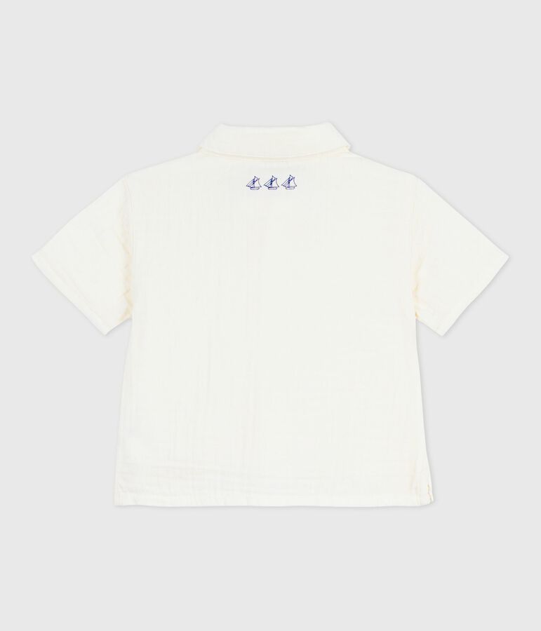 Kurz&auml;rmeliges Baby-Hemd aus einfarbigem Baumwoll-/Leinenstoff weiss MARSHMALLOW