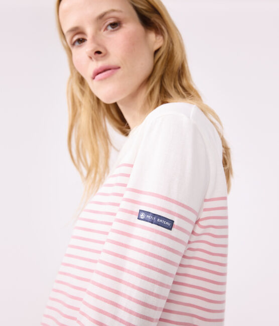 Langärmeliges Damen-T-Shirt "Marinière" aus Baumwolle weiss MARSHMALLOW/rosa CHARME