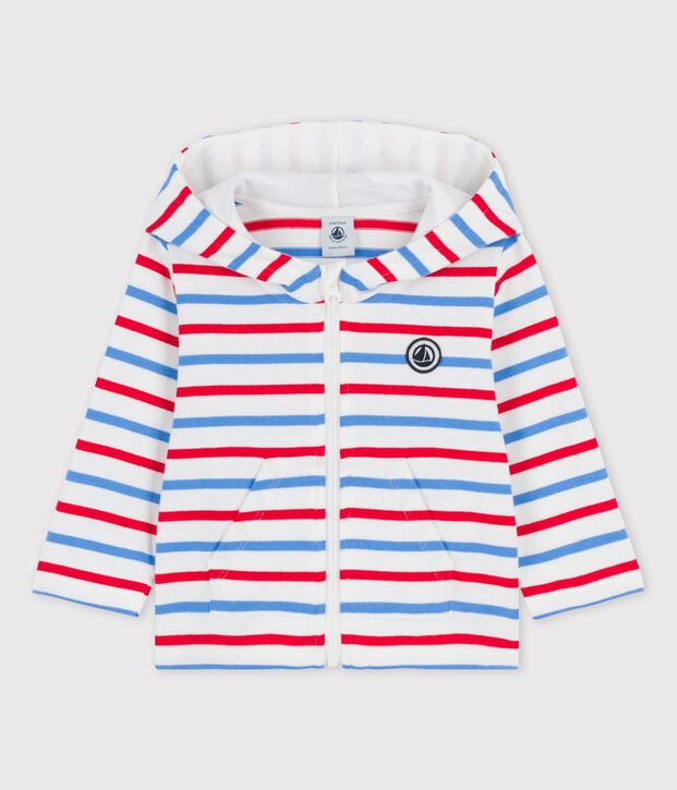 Gestreiftes Baby-Kapuzensweatshirt aus dickem Jersey weiss/vielfarbig