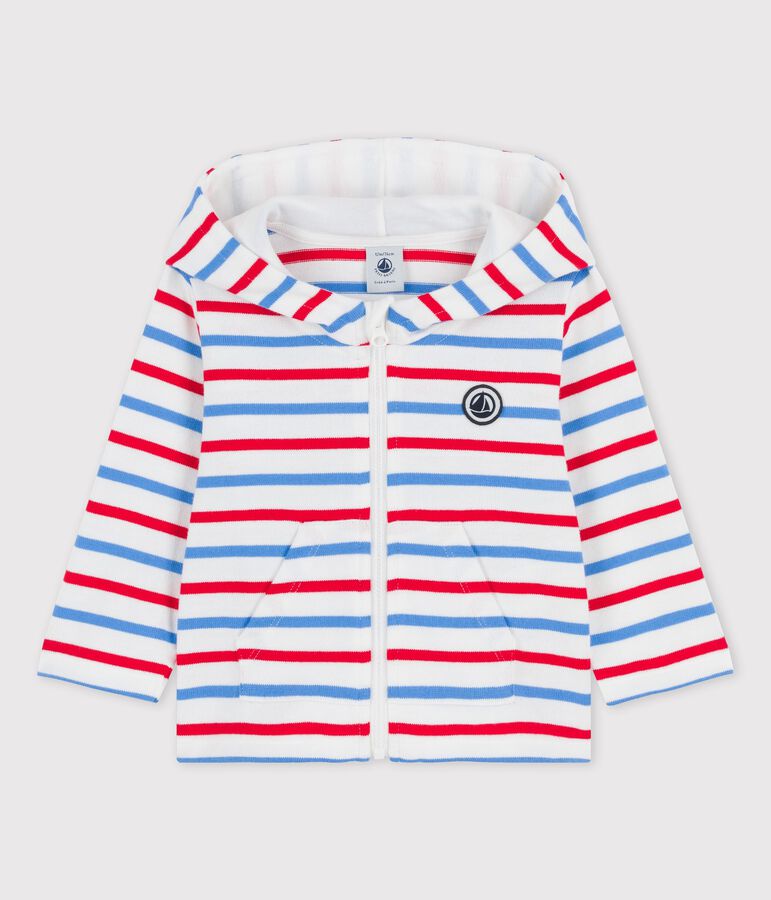 Gestreiftes Baby-Kapuzensweatshirt aus dickem Jersey weiss MARSHMALLOW/weiss MULTICO