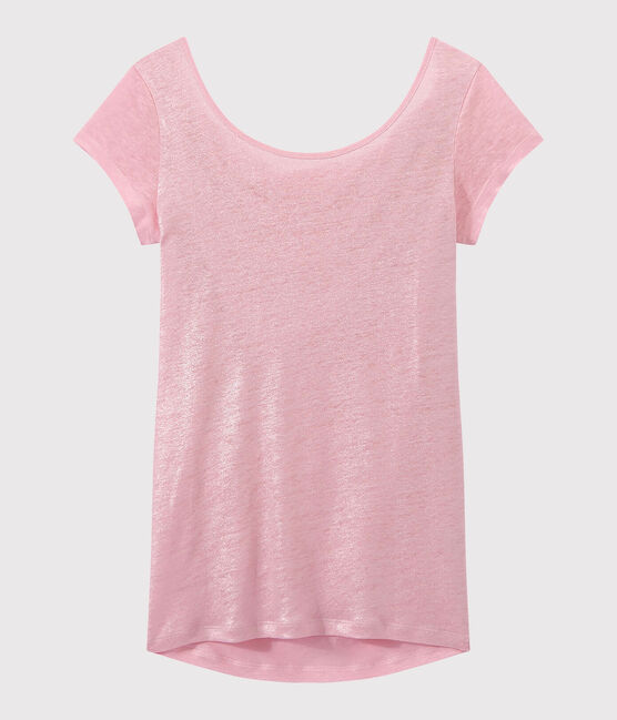 Damen-T-Shirt mit Wasserfall-Ausschnitt aus irisierendem Leinen rosa BABYLONE/grau ARGENT