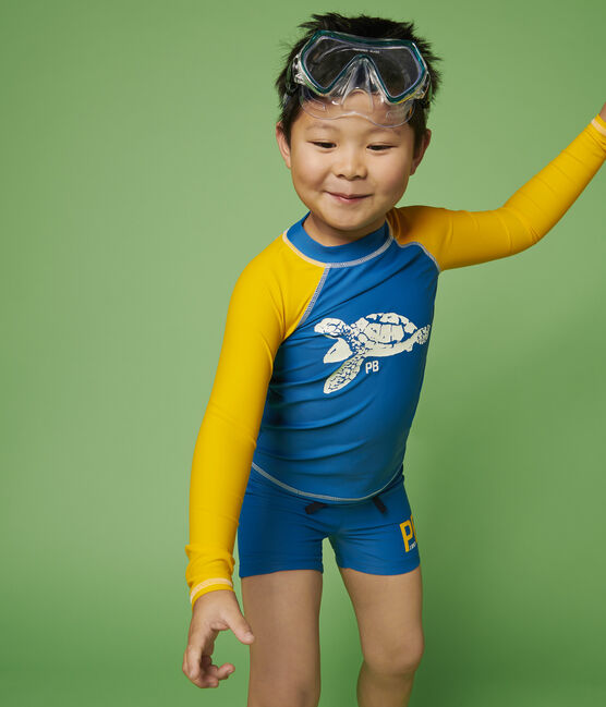 Kinder-T-Shirt mit UV-Schutz aus recycelten Materialien für Jungen blau MYKONOS/gelb TEHONI