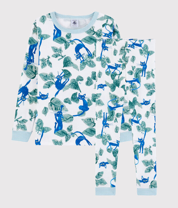Snugfit-Kinderpyjama aus Baumwolle mit Katzenmotiv f&uuml;r Jungen weiss/vielfarbig