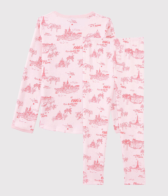 Kinder-Kurzpyjama aus Baumwolle mit Paris-Motiv im Toile-de-Jouy-Stil für Mädchen rosa FLEUR/rosa GROSEILLER