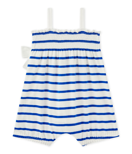 Kurzer Baby-Mädchen-Einteiler mit Trägern weiss MARSHMALLOW/blau PERSE