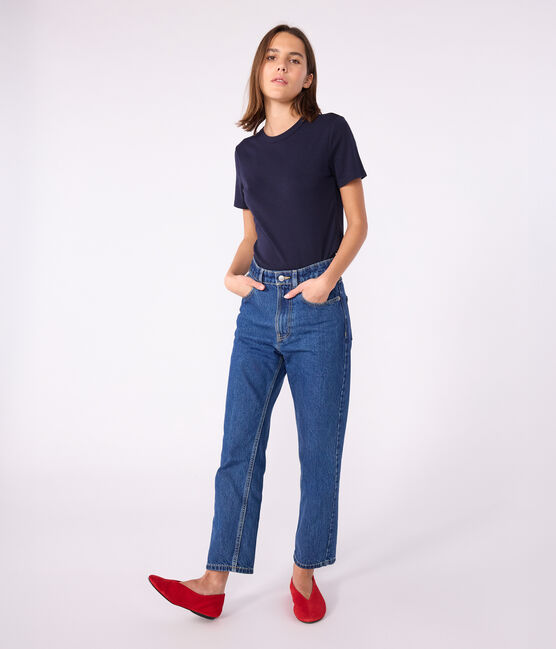 Kurzärmeliges Damen-T-Shirt L'ICONIQUE aus einfarbigem Rippstrick blau SMOKING