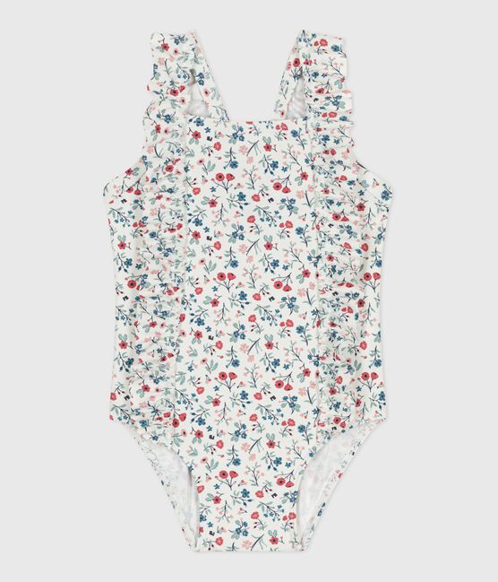 Einteiliger Baby-Badeanzug mit Rüschen und Blumenmuster weiss MARSHMALLOW/weiss MULTICO