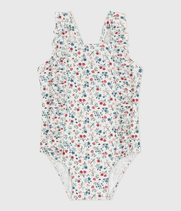 Einteiliger Baby-Badeanzug mit R&uuml;schen und Blumenmuster weiss/vielfarbig