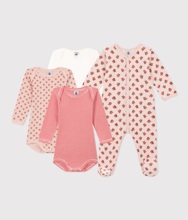 Baby-Geschenkset aus 1 Strampler und 3 Bodys mit Blumenmuster vielfarbig