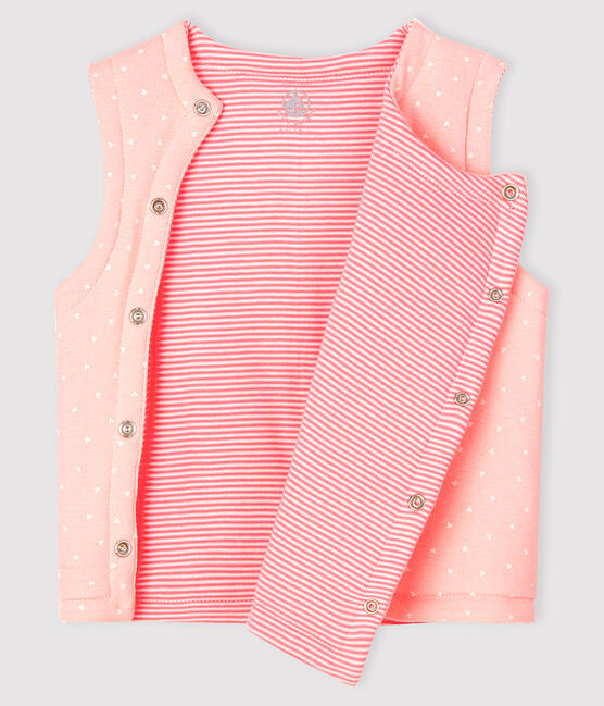 Ärmellose, wendbare Baby-Jacke aus wattiertem Rippstrick für Mädchen rosa MINOIS/weiss MARSHMALLOW