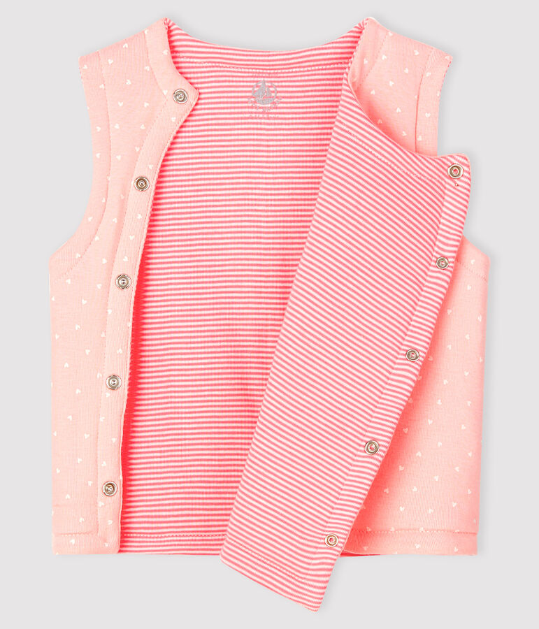 &Auml;rmellose, wendbare Baby-Jacke aus wattiertem Rippstrick f&uuml;r M&auml;dchen rosa/weiss