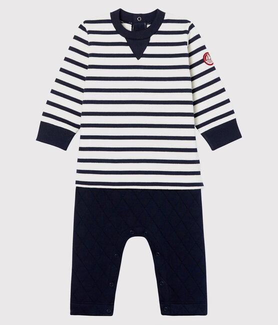 Langer Baby-Overall in Zweiteileroptik für Jungen weiss MARSHMALLOW/blau SMOKING