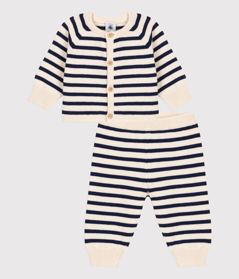 Zweiteiliges Baby-Set aus Woll- und Baumwoll-Strick mit Marinestreifen naturfarben/blau
