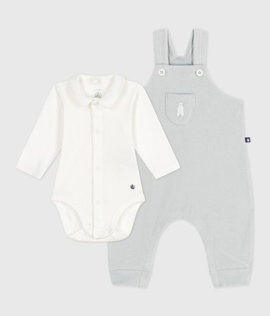 Baby-Latzhosen-Set aus einfarbiger Baumwolle mit hübschen Verzierungen CO2/ MARSHMALLOW