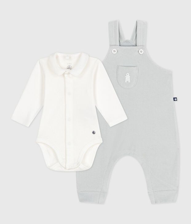 Baby-Latzhosen-Set aus einfarbiger Baumwolle mit h&uuml;bschen Verzierungen blau/weiss