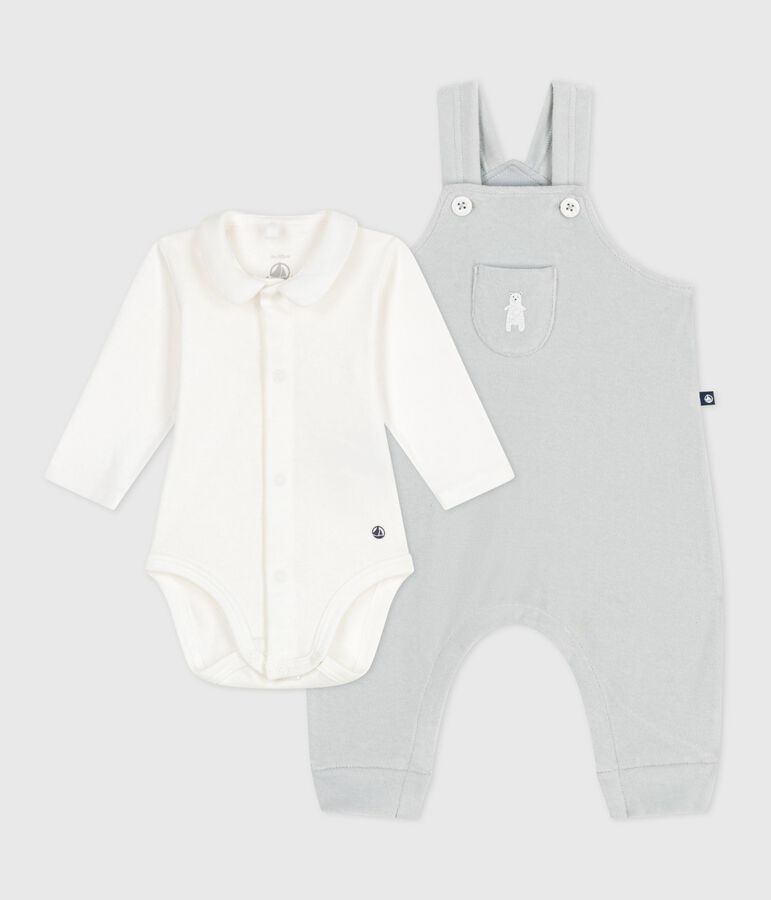 Baby-Latzhosen-Set aus einfarbiger Baumwolle mit h&uuml;bschen Verzierungen blau/weiss