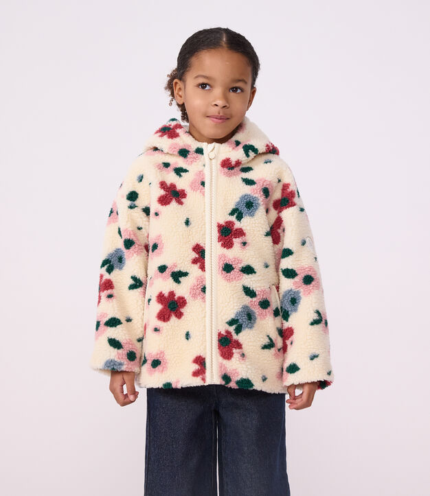 Kapuzenjacke f&uuml;r Kinder aus Sherpa mit Blumenmuster naturfarben/vielfarbig