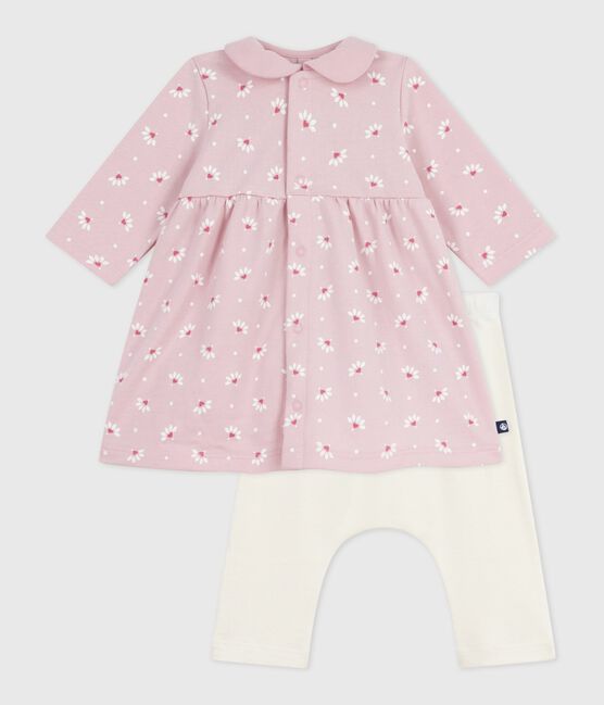 Baby-Kleid mit Kragen Blumen- und Herzmotiv und dazu passende Leggings aus Baumwolle rosa JOLI/weiss MULTICO