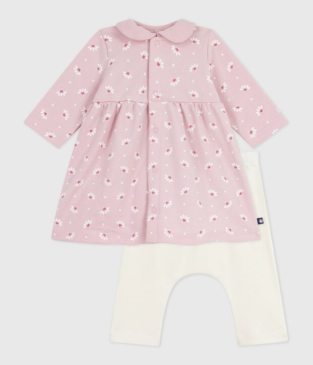 Baby-Kleid mit Kragen Blumen- und Herzmotiv und dazu passende Leggings aus Baumwolle rosa/vielfarbig