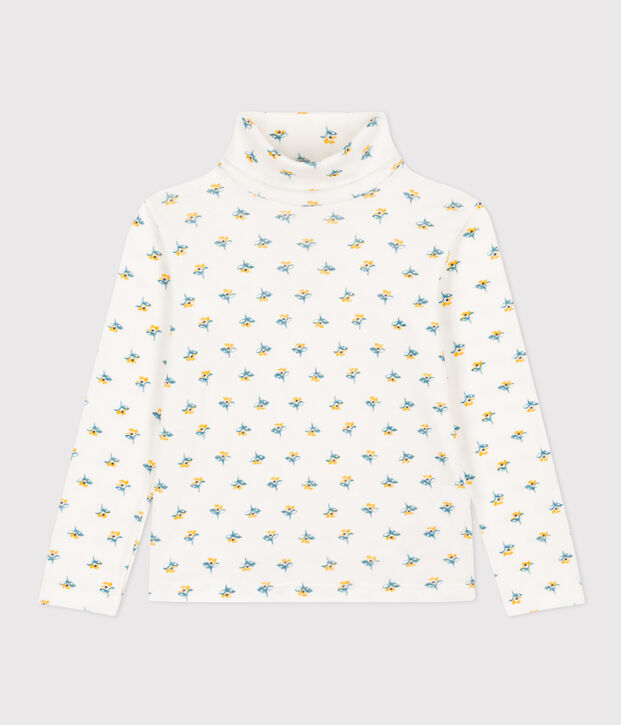 Kinder-Rollkragenshirt aus Baumwolle mit Blumenmuster f&uuml;r M&auml;dchen weiss/vielfarbig