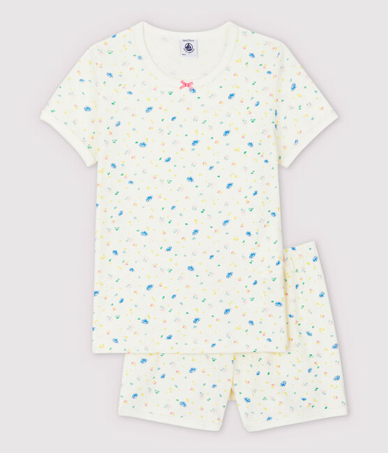 Kinder-Kurzpyjama aus Baumwolle und Leinen mit kleinen Blumen für Mädchen weiss MARSHMALLOW/weiss MULTICO