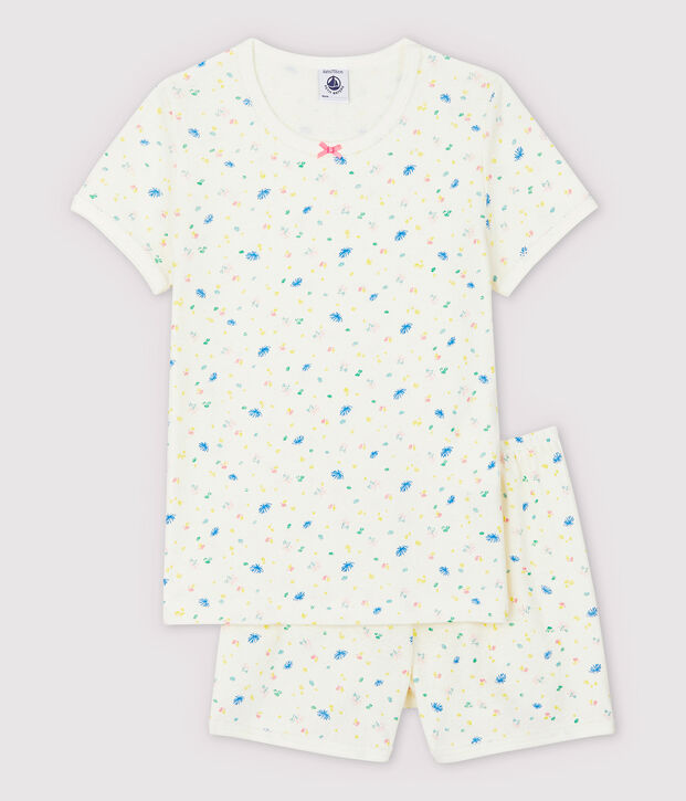 Kinder-Kurzpyjama aus Baumwolle und Leinen mit kleinen Blumen f&uuml;r M&auml;dchen weiss/vielfarbig
