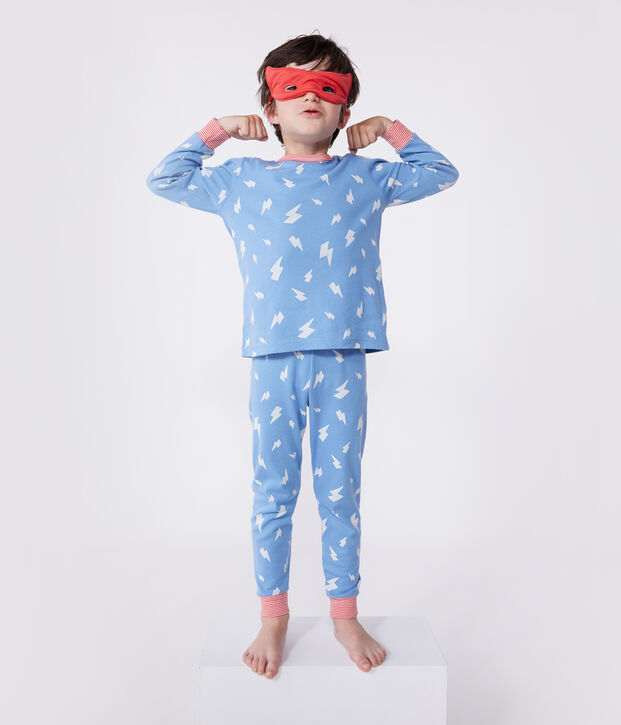 Kinder-Pyjama zum Verkleiden aus phoshoreszierender Baumwolle mit Cape blau/vielfarbig