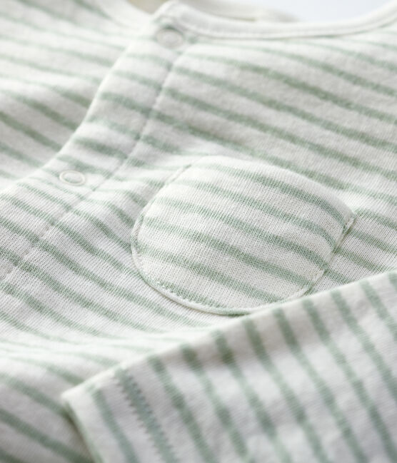 Langer gestreifter-Baby-Overall aus Bio-Doppeljersey weiss MARSHMALLOW/ HERBIER