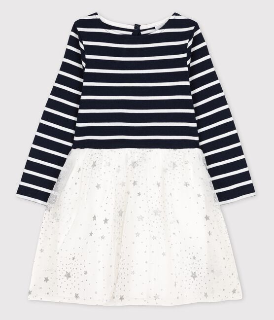 Langärmeliges Kinderkleid aus Baumwolle und Tüll für Mädchen blau SMOKING/weiss MARSHMALLOW