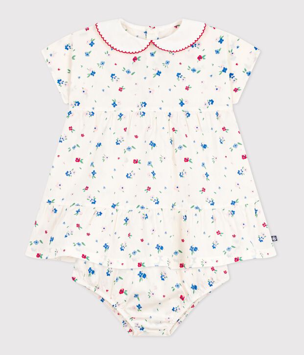 Kurz&auml;rmeliges Babykleid aus Baumwolle und dazu passender Bloomer mit Blumenmuster weiss/vielfarbig