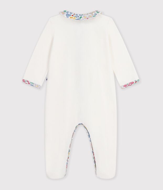 Strampler aus einfarbigem Nicki mit Blumenmotiv weiss