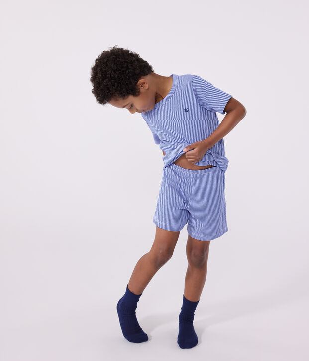 Kinder-Kurzpyjama aus Baumwolle mit Streifen blau/weiss