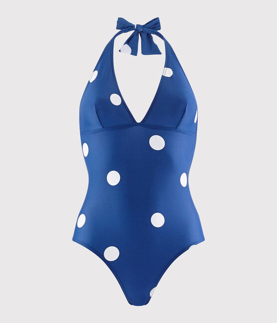 Damen-Badeanzug aus recyceltem Material blau SURF/weiss MARSHMALLOW