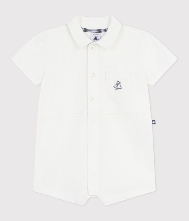 Baby-Kurzoverall mit Polokragen aus einfarbiger Baumwolle weiss
