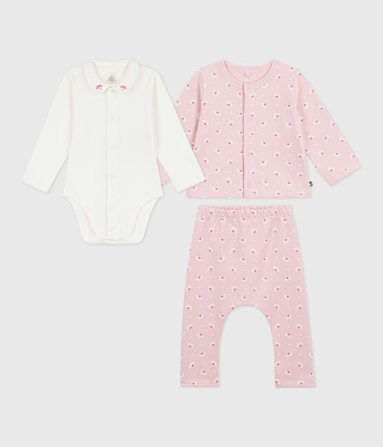 3-teiliges Baby-Set mit Herz- und Blumenmotiv und bestickter Body rosa JOLI/weiss MULTICO