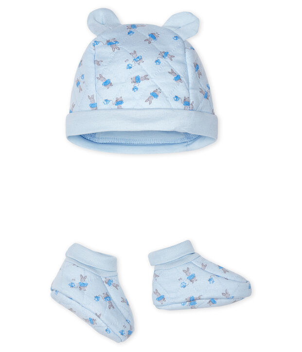 Set mit M&uuml;tzchen f&uuml;r Neugeborene und Babyschuhen aus Doppeljersey blau/vielfarbig