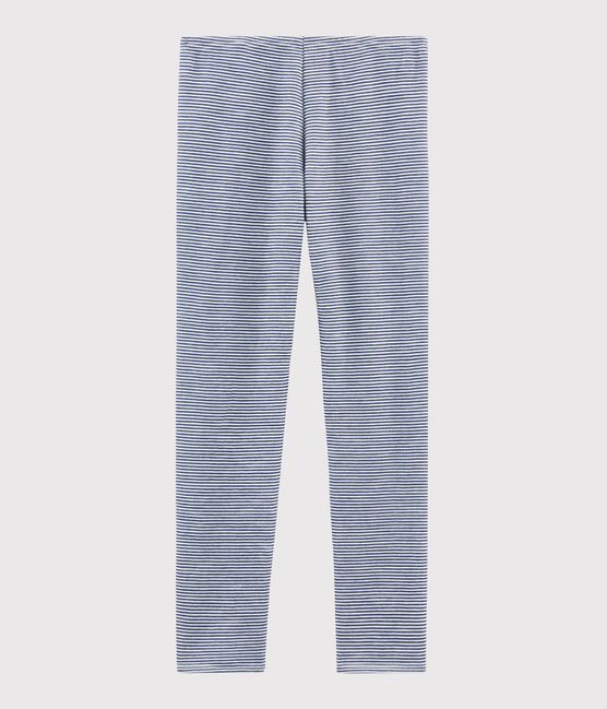 Kinderleggins mit Ringelmuster aus Wolle und Baumwolle blau MEDIEVAL/weiss MARSHMALLOW
