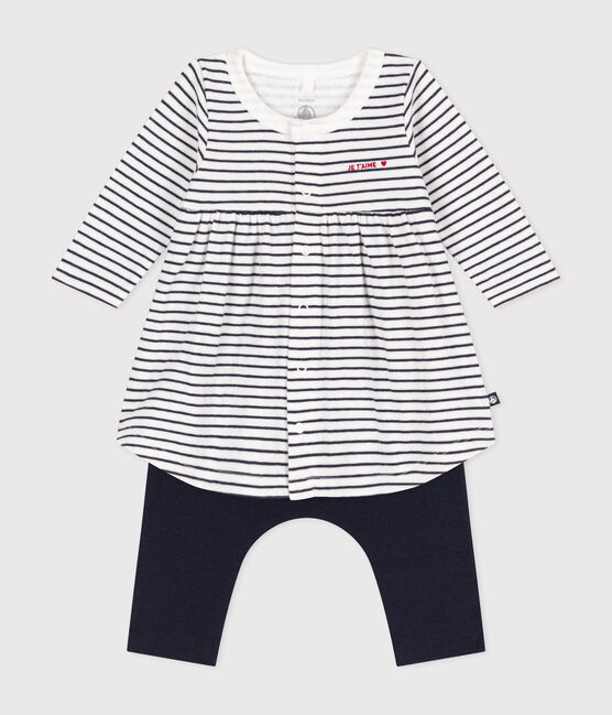 Kleid mit Matrosenstreifen und Leggings aus Baumwolle für Babys weiss MARSHMALLOW/blau SMOKING