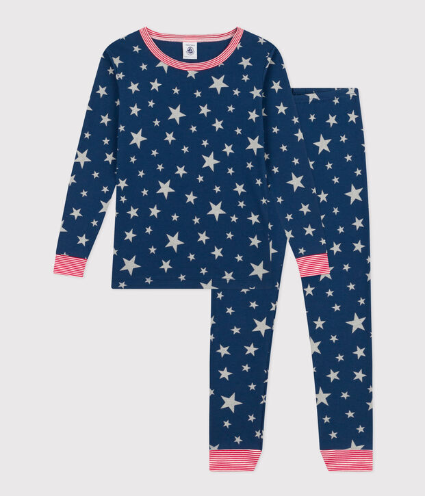 K&ouml;pernaher Kinderpyjama mit Leuchteffekt aus Baumwolle mit Sternenprint blau/weiss