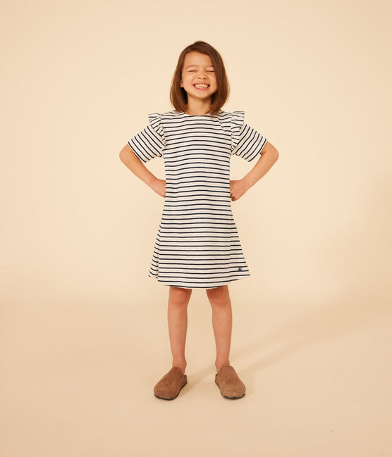 Kurzärmeliges gestreiftes Kleid aus Baumwolle Kinder/Mädchen weiss AVALANCHE/blau SMOKING