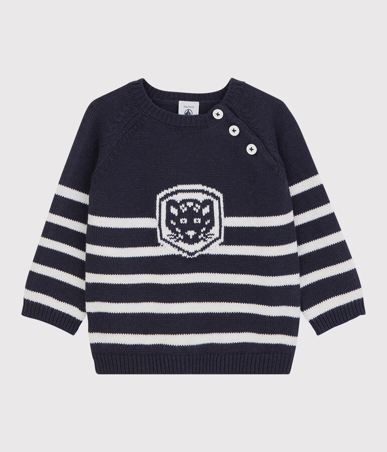 Baby-Pullover aus Wolle und Baumwolle. blau/weiss