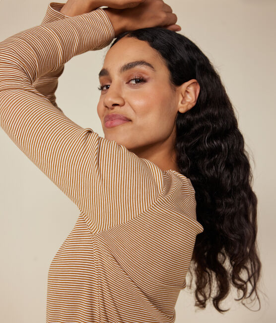 Langärmeliges Damen-T-Shirt "L'Iconique" aus gestreiftem Rippstrick braun CUIVRE/ MARSHMALLOW