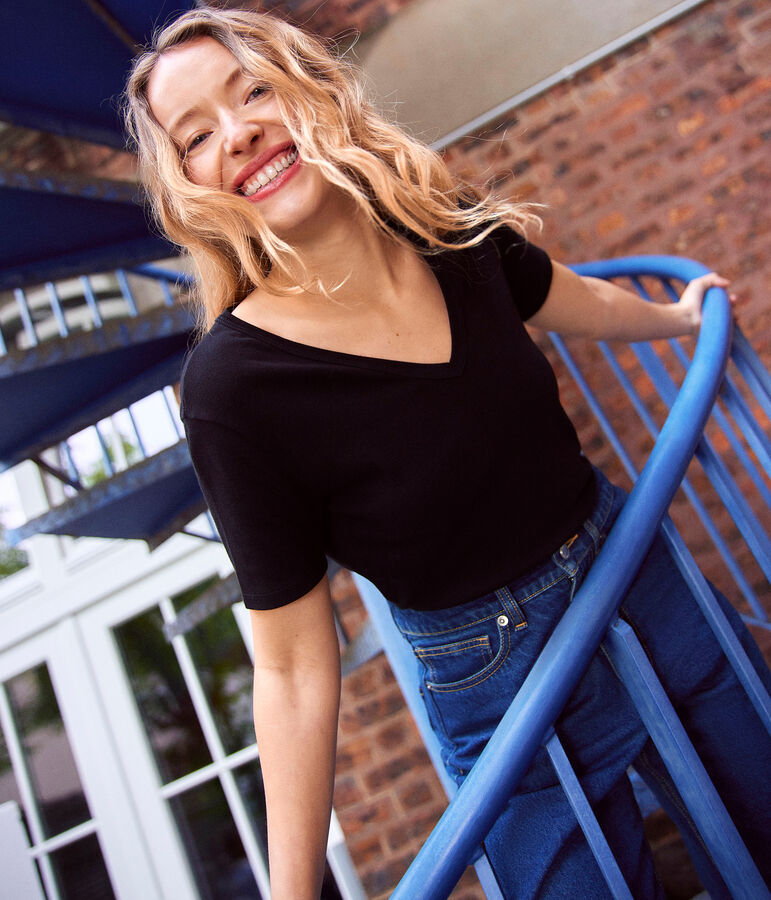 Damen-T-Shirt LE DROIT aus Baumwolle mit V-Ausschnitt blau