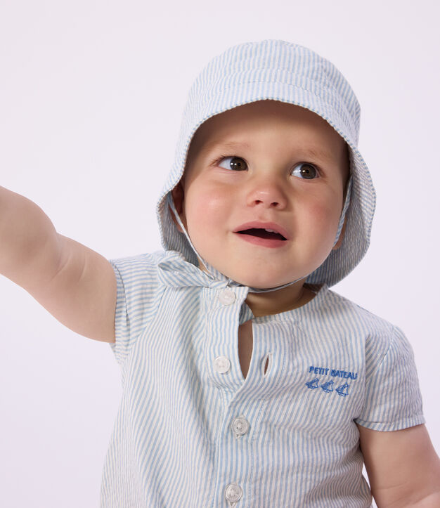 Baby-Sonnenhut aus Seersucker zum Binden blau/weiss