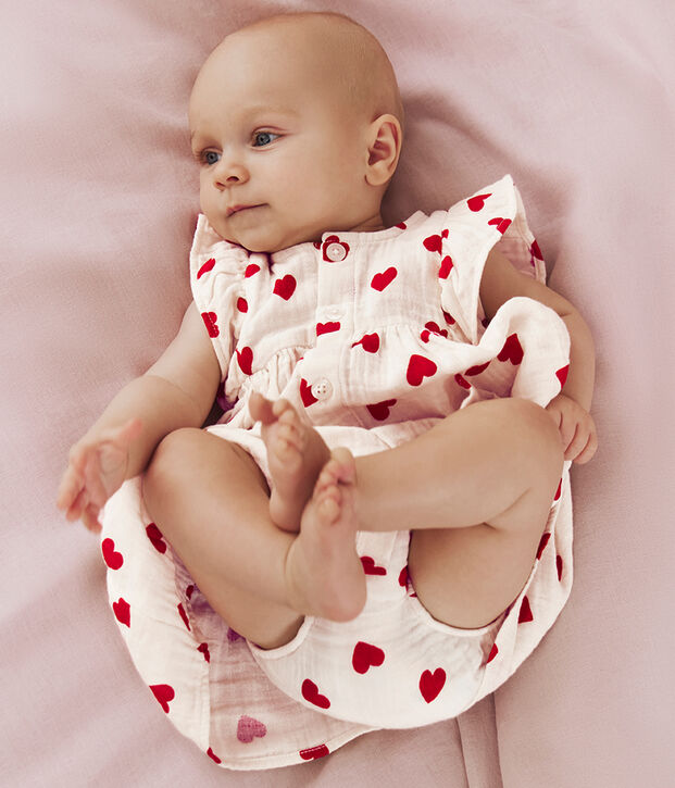 Baby-Kleid aus Baumwolle mit Herzmotiven und dazugeh&ouml;riger Bloomer rot/rot