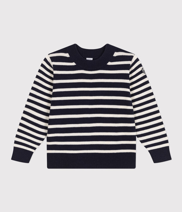Gestreifter Kinderpullover aus Wolle und Baumwolle blau/weiss