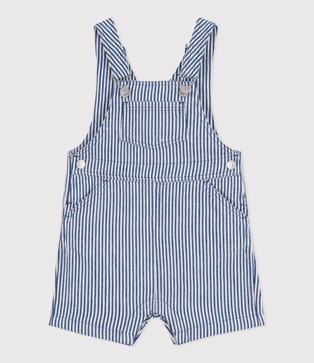 Kurze Baby-Latzhose aus gestreiftem Serge blau/weiss
