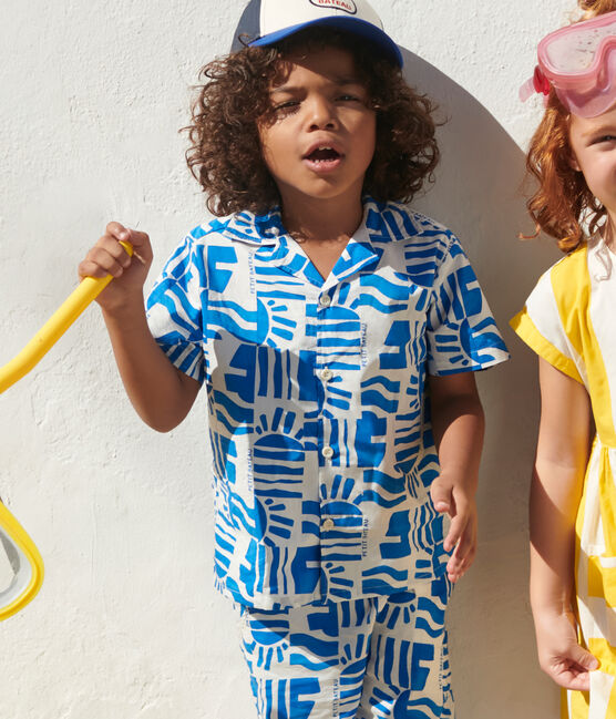 Kurzärmeliges Kinder-Hemd aus bedruckter Baumwolle blau MARSHMALLOW/ PORCELANA