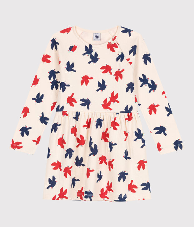 Lang&auml;rmeliges Kinder-Kleid aus bedruckter Baumwolle naturfarben/vielfarbig